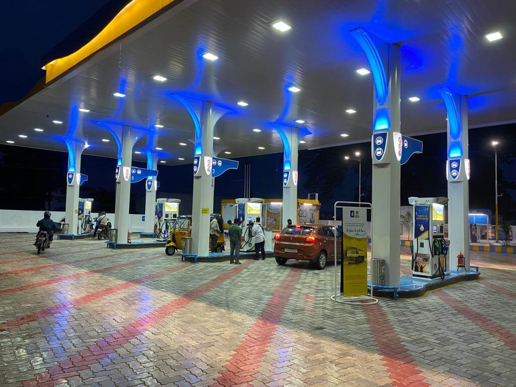 BPCL fuel outlet lit up at night